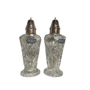 Dublin Crystal Collection Salt & Pepper Shakers Set Cut Glass Silver Tone Tops 6